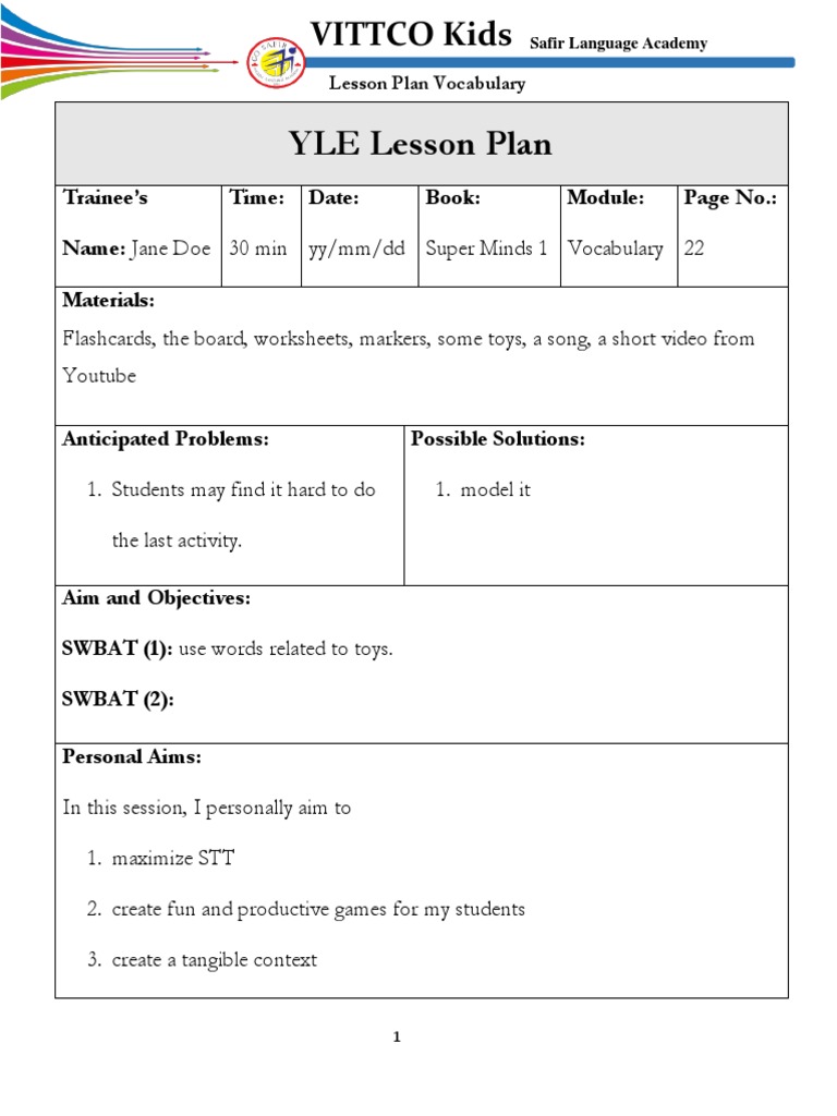 Vocabulary Lesson Plan for Kids | PDF | Toys | Vocabulary