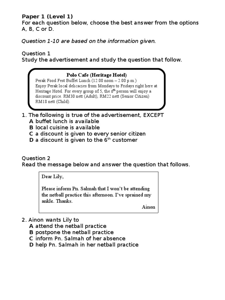 Level 1 Comprehension Practice Questions | PDF | Abdomen