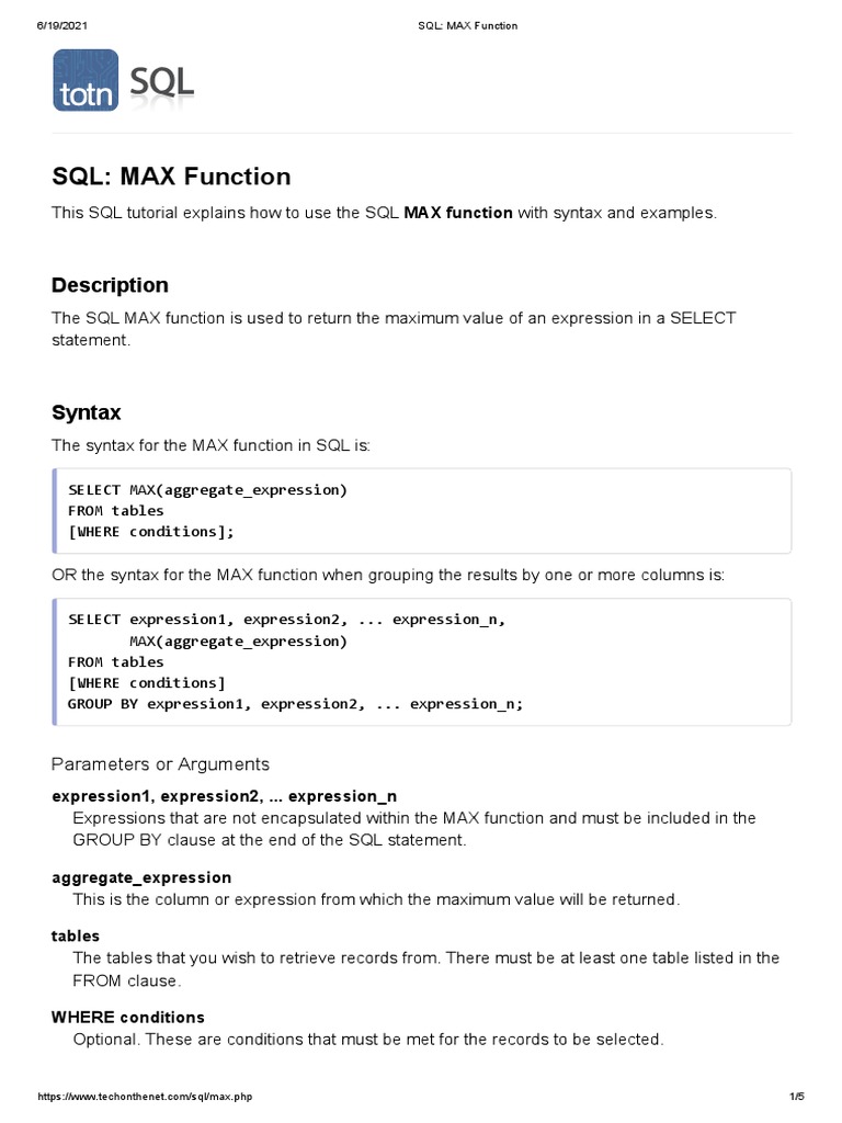 SQL - MAX Function | PDF | Computer Programming | Computer Science