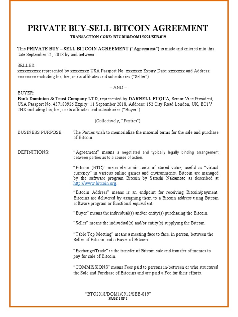 Private Buy-Sell Bitcoin Agreement | PDF | Bitcoin | Financial Transaction