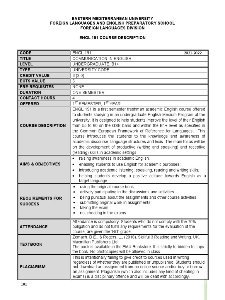 ENGL 191 Course Overview and Objectives | PDF | Learning | Essays