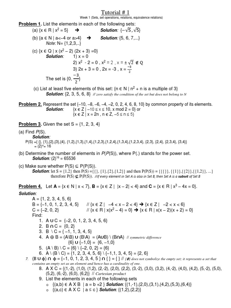 Tutorial # 1: Problem 1. List The Elements in Each of The Following ...