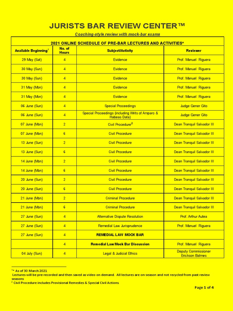 Jurists Bar Review Center 2021 Online Schedule of PreBar Lectures and