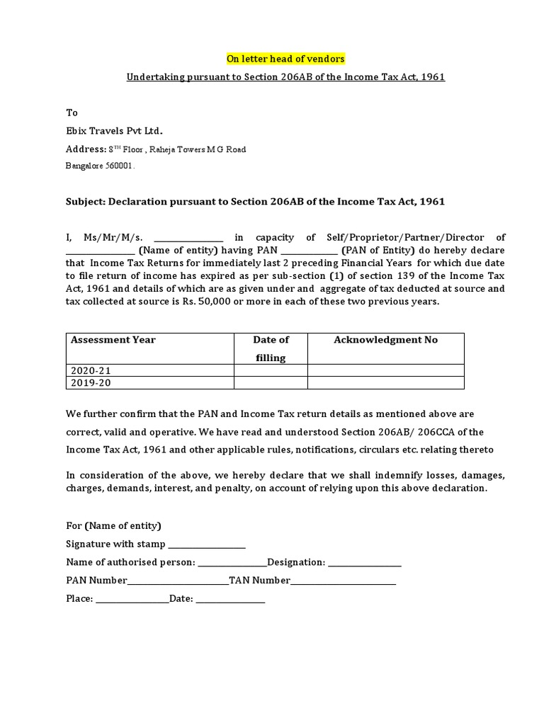 Declaration Under Section 206AB To Be Taken PDF