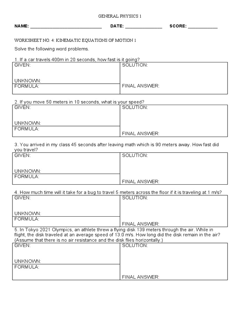 Worksheet No. 4 Kinematic Equations of Motion 1 Questionnaire PDF