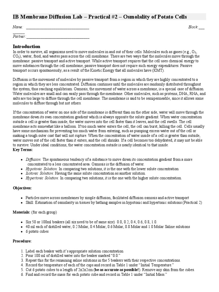 IB Membrane Diffusion Lab Practical 2 Osmolality of Potato Cells