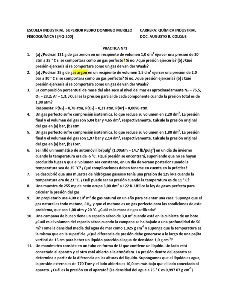 Ejercicios de Fisicoquímica: Gases Ideales y Reales | PDF | Gases ...