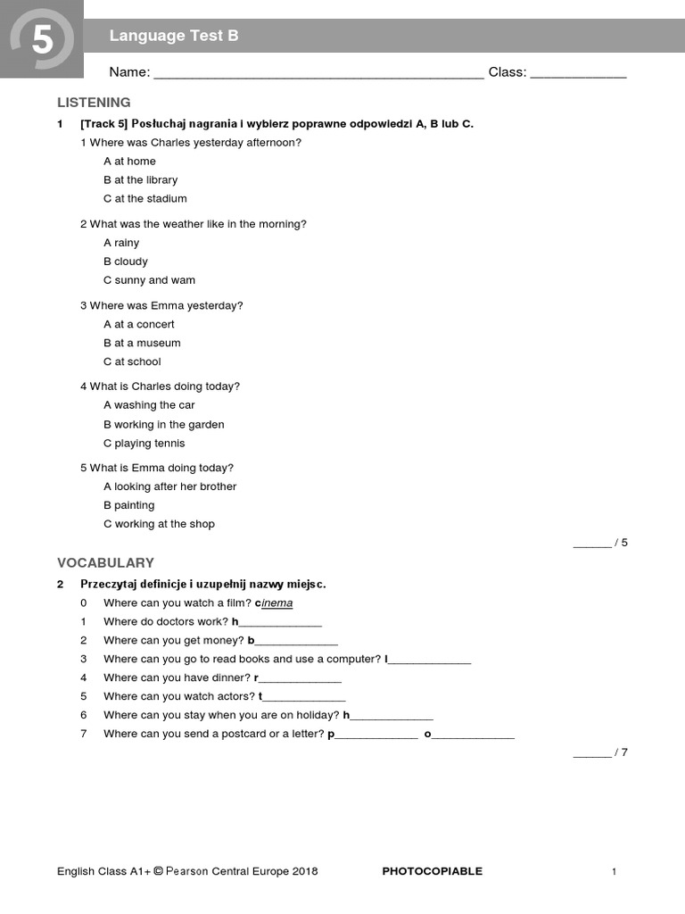 English Class A1 Unit 5 Test