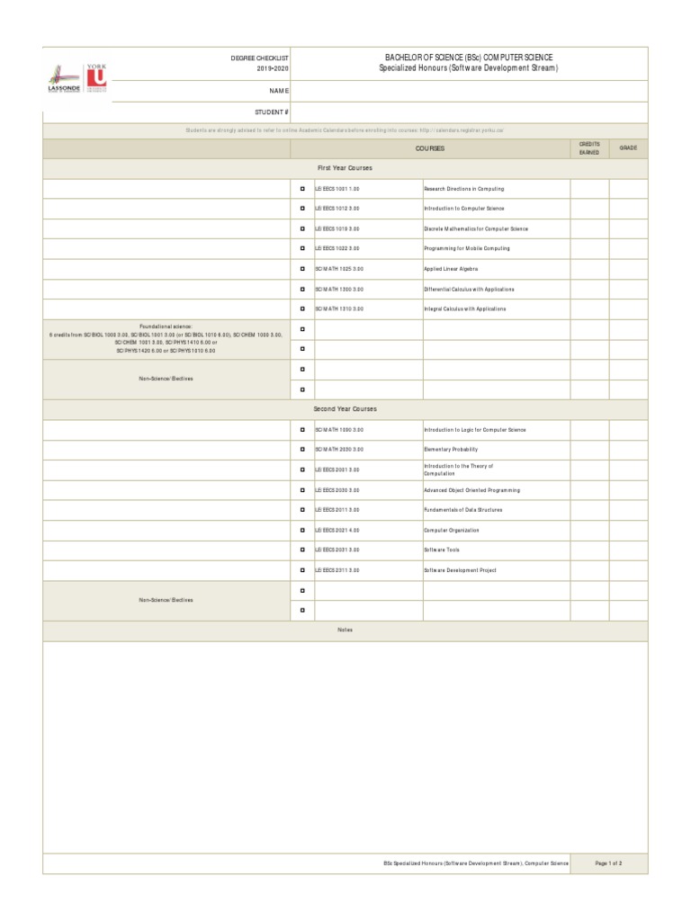 Degree Checklist 2019-2020 Name Student #: Credits Earned Grade | PDF ...