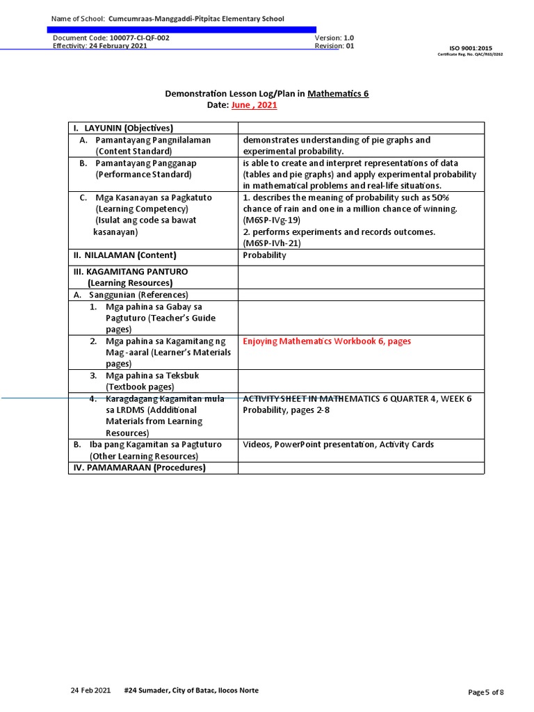 Demonstration Lesson Log/Plan in Mathematics 6 Date: I. LAYUNIN ...