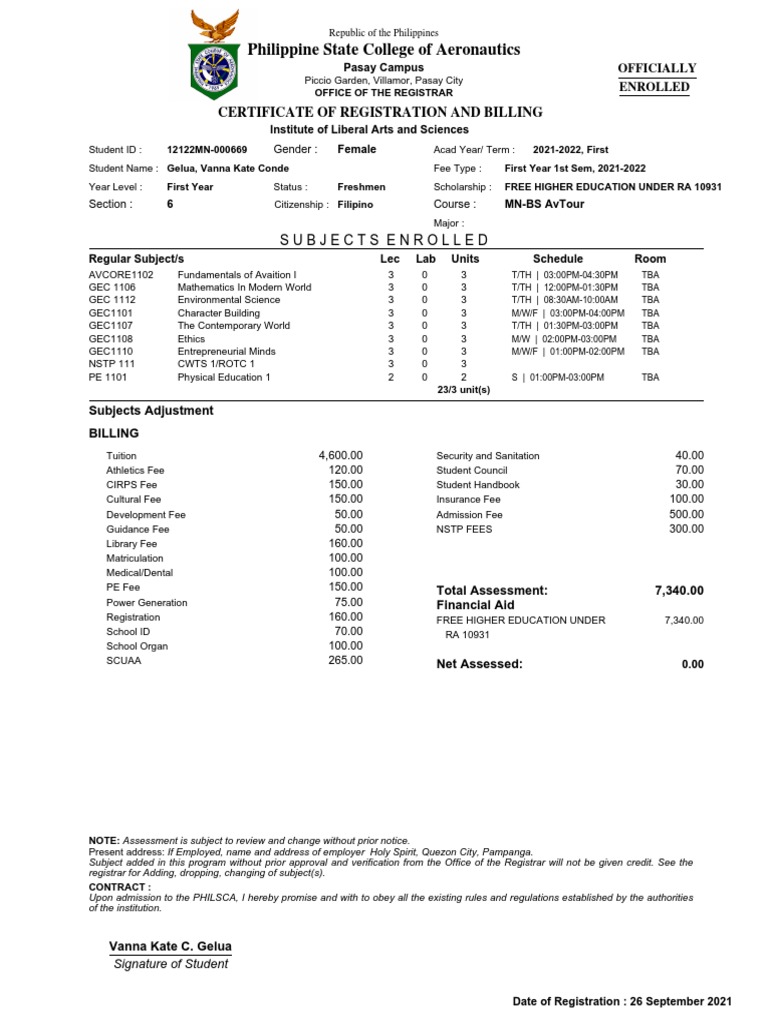 Philippine State College of Aeronautics: Certificate of Registration ...