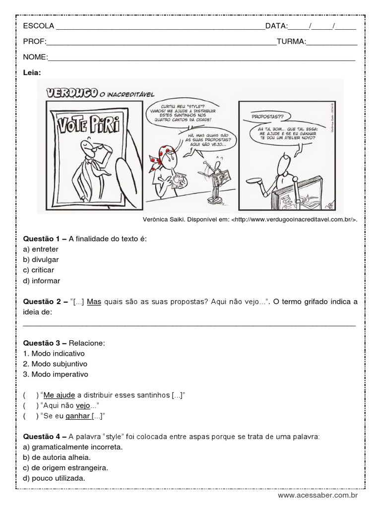 Atividade de Portugues Modos Verbais 7º Ano PDF | PDF