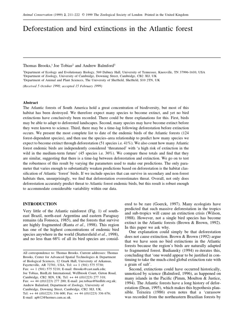 Deforestation and Bird Extinctions in The Atlantic Forest | PDF ...
