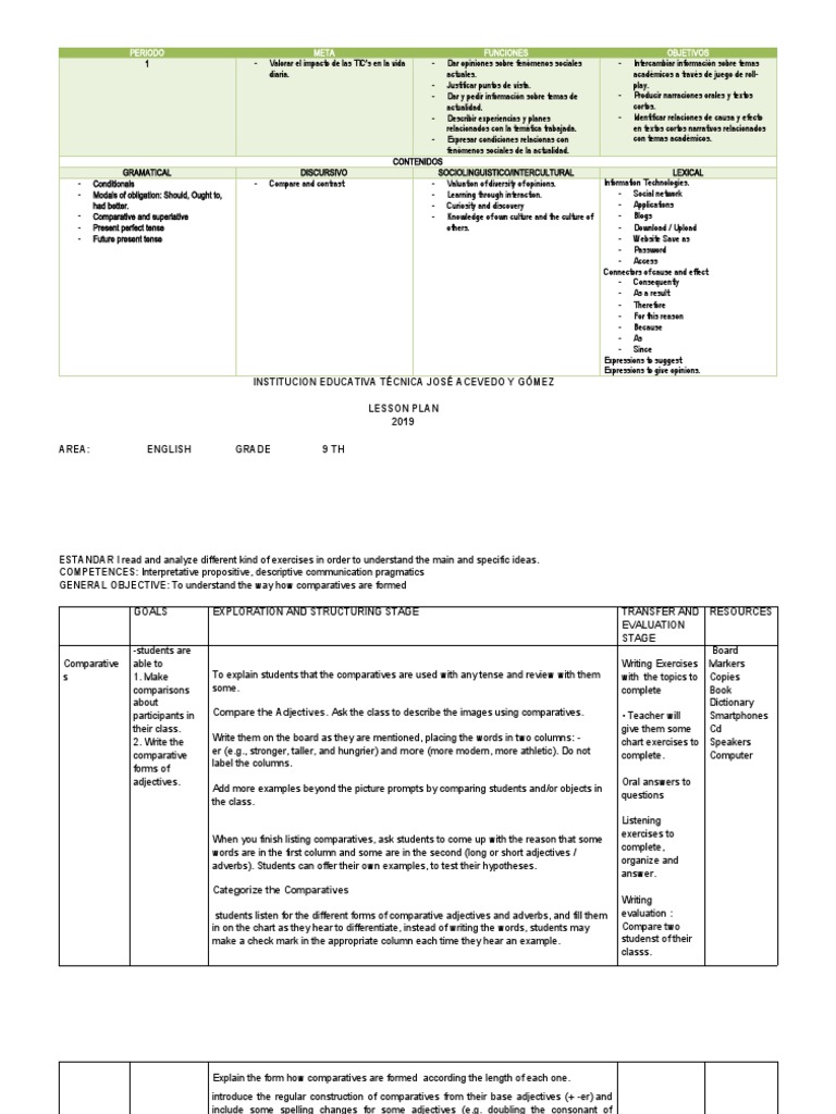 English Lesson Plan for 9th Grade | PDF | Verb | Grammatical Tense