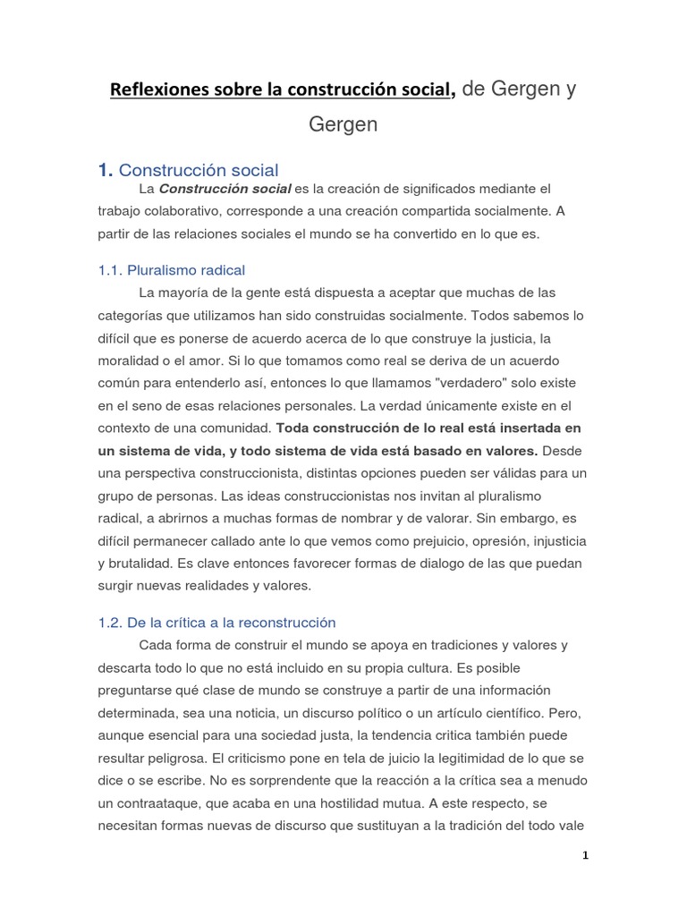 (Ficha) Gergen. Reflexiones Sobre La Construcción Social PDF Verdad Cognición