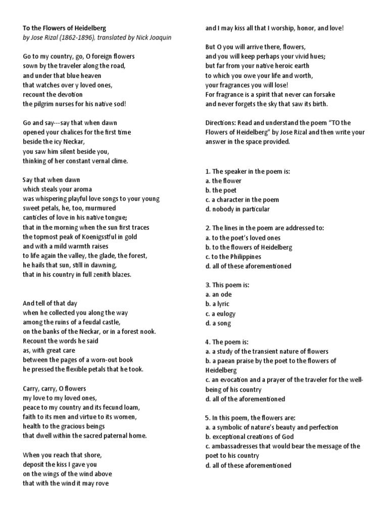 By Jose Rizal (1862-1896), Translated by Nick Joaquin: To The Flowers ...
