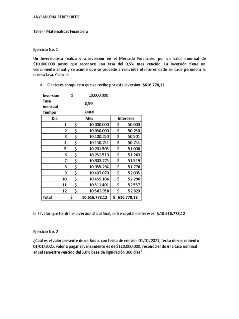 Matemáticas Financiera Taller Resuelto. | PDF | Interés | Dinero