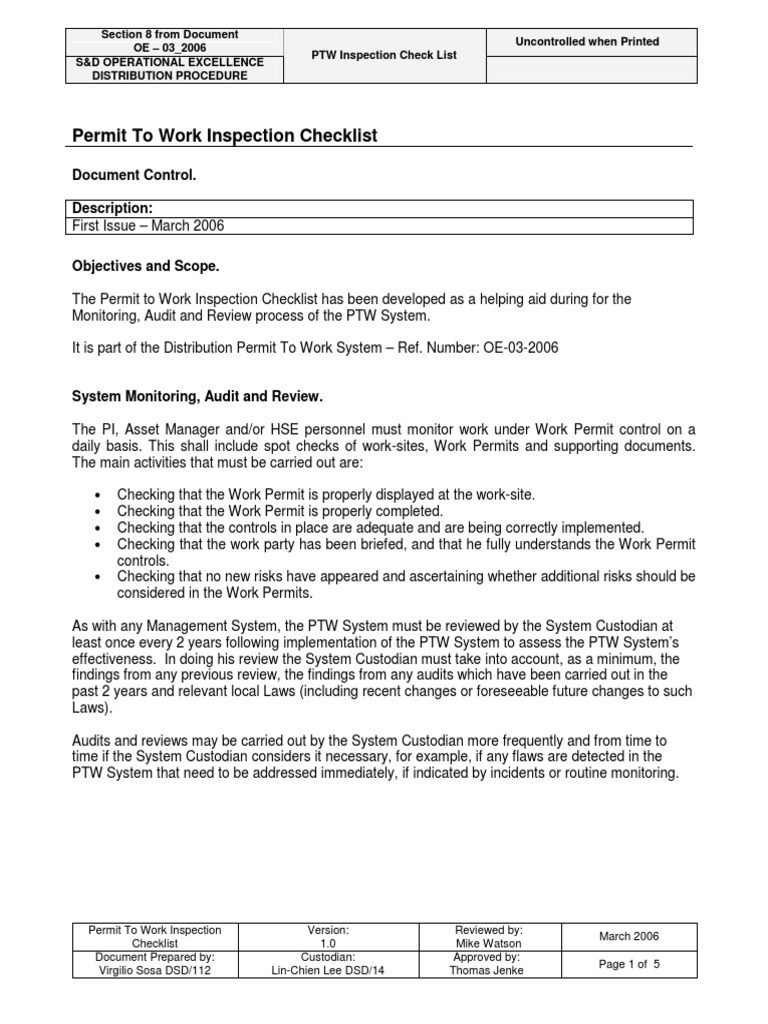 Permit To Work Inspection Checklist: Document Control. Description ...