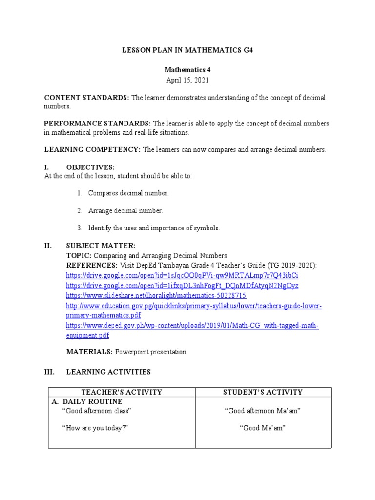 Grade 4 Decimal Comparison Lesson Plan | PDF | Numbers | Pharmacy