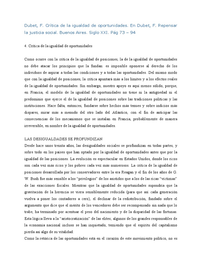 Dubet, F. - Crítica de La Igualdad de Oportunidades (Cap4) | PDF ...