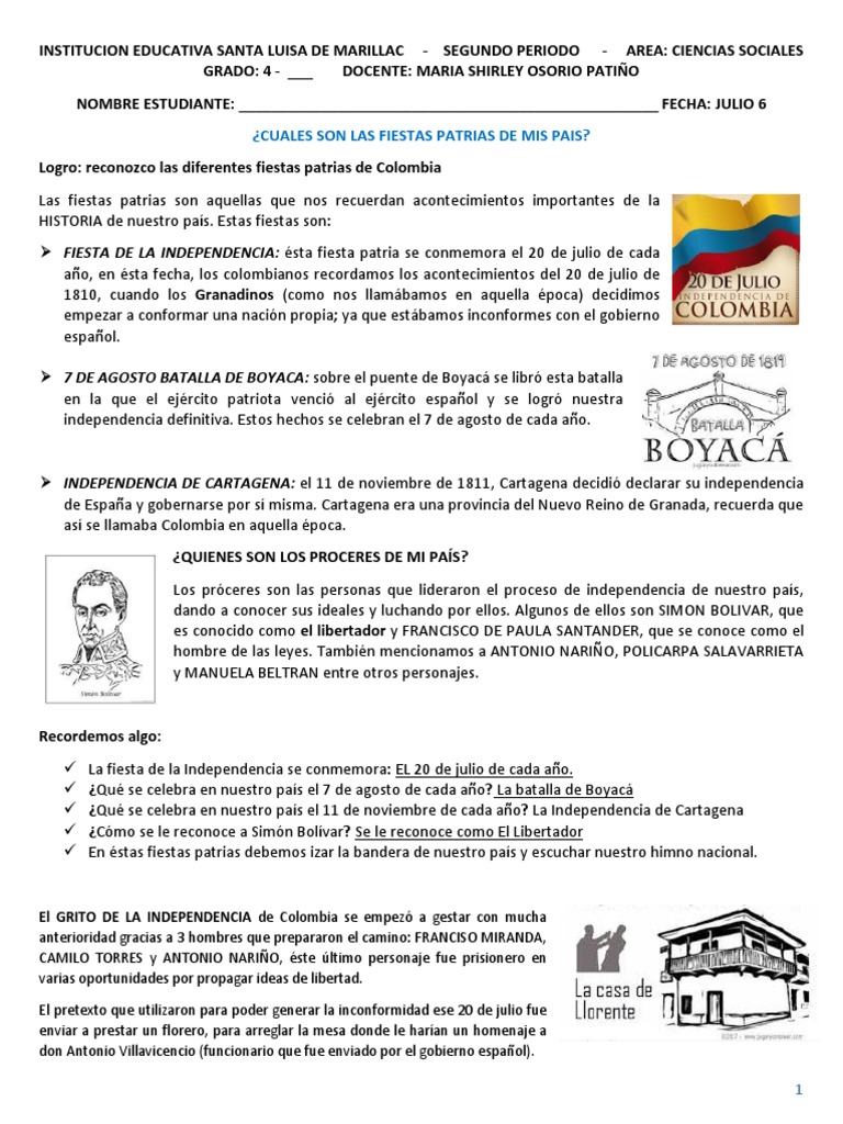 Taller n6 - Fiestas Patrias Colombia - Sociales - Grado 4 - Julio | PDF ...