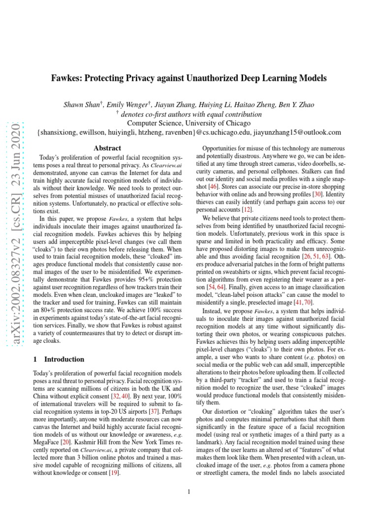 Fawkes - Protecting Privacy Against Unauthorized Deep Learning Models | PDF  | Privacy | Deep Learning