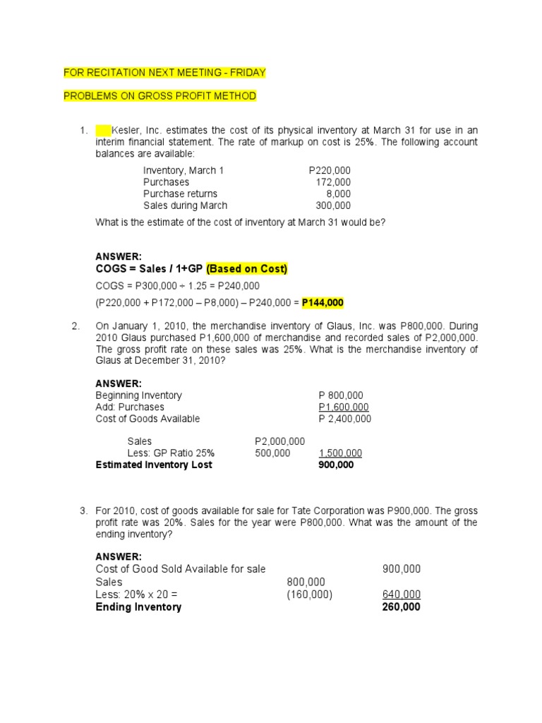 Gross Profit Method Problem Set | PDF | Cost Of Goods Sold | Inventory
