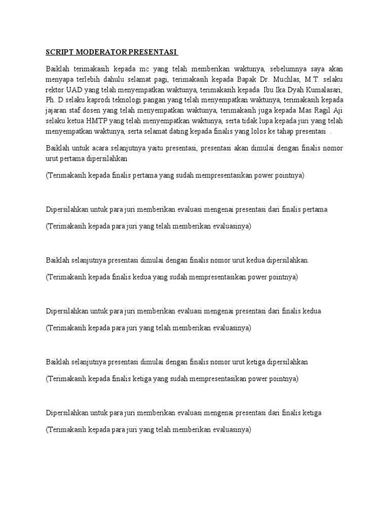 Skrip Moderator untuk Presentasi Finalis | PDF
