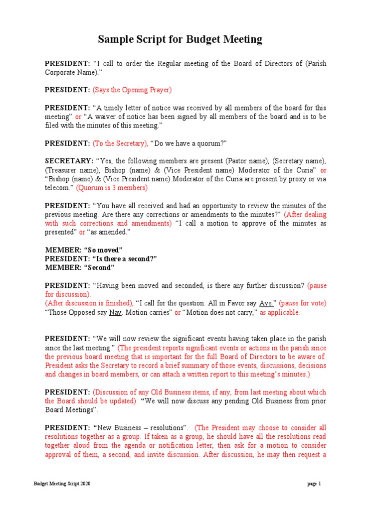 Sample Script For Budget Meeting | PDF | Agenda (Meeting) | Presidents ...