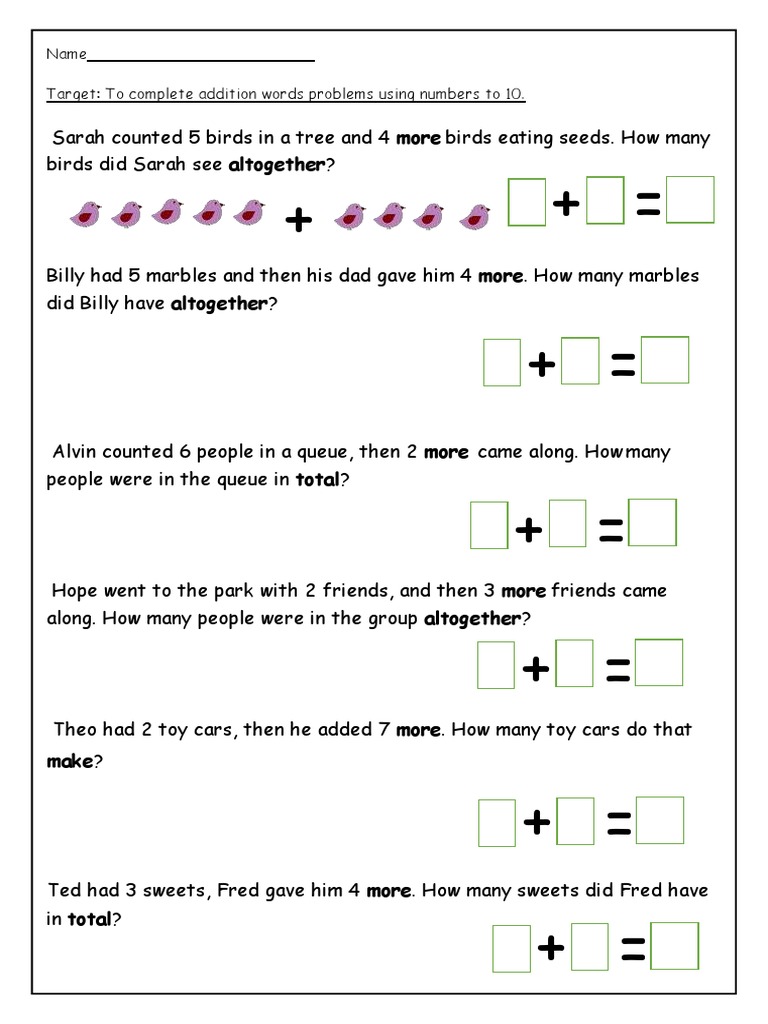 Name Target: To Complete Addition Words Problems Using Numbers To 10 | PDF