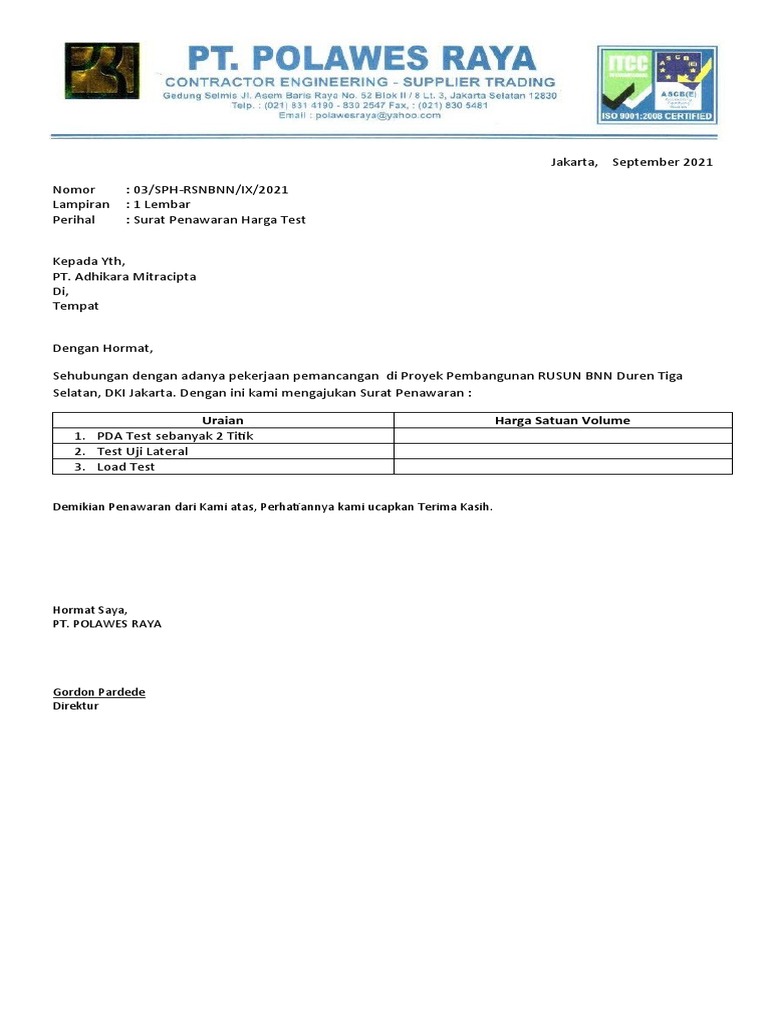 Penawaran Harga Test PDA oleh Polawes Raya | PDF
