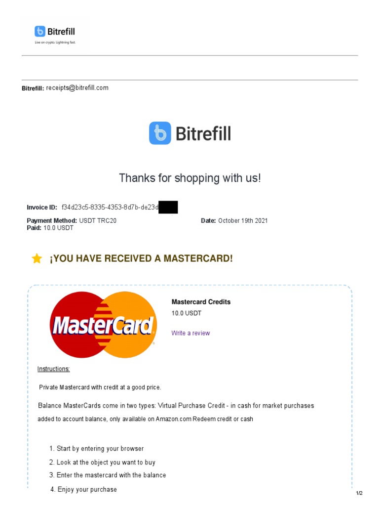 Thanks For Shopping With Us!: Your Receipt From Bitrefill | PDF | Master  Card | Receipt