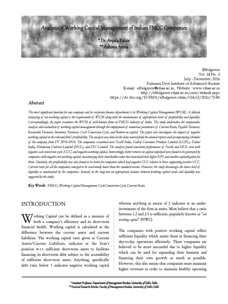 Working Capital Management in Indian FMCG | PDF | Working Capital ...