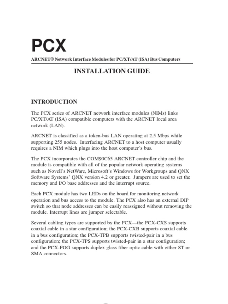 Installation Guide: ARCNET® Network Interface Modules For PC/XT/AT (ISA ...