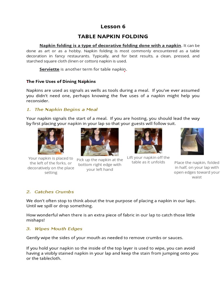 Lesson 6 Table Napkin Folding Napkin Folding Is A Type of Decorative