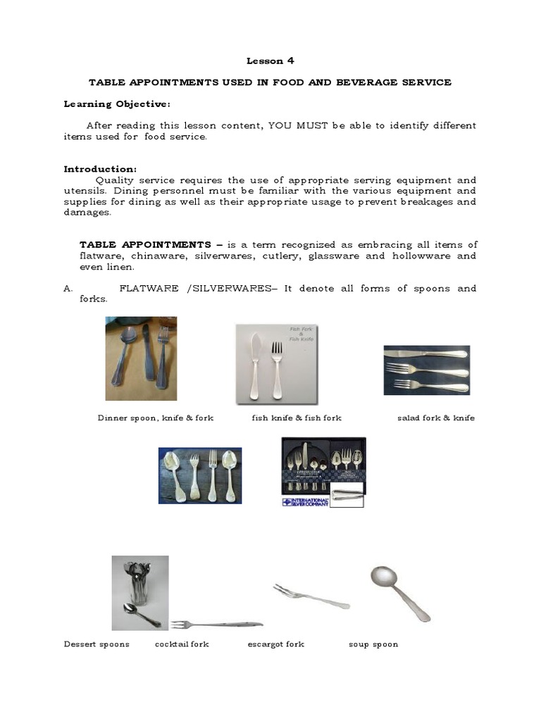 Table Appointments in Food Service | PDF | Tableware | Cooking