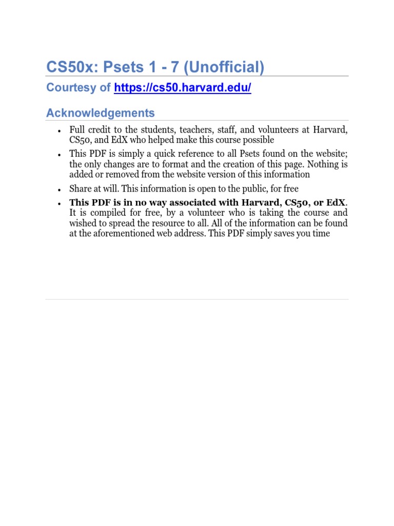 CS50x Problem Sets Overview 1-7 | PDF | Text File | Scratch ...