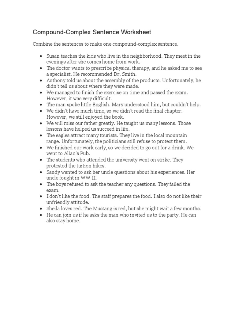 Compound-Complex Sentence Worksheet | PDF