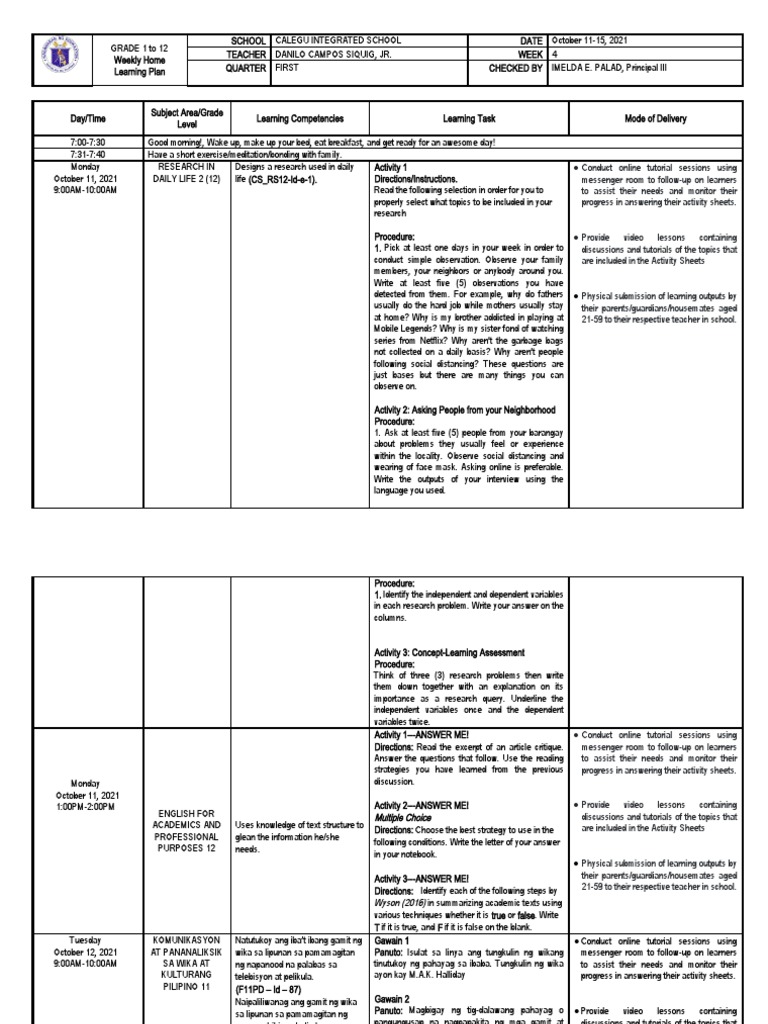 Weekly Home Learning Plan - Week 4 | Download Free PDF | Learning ...