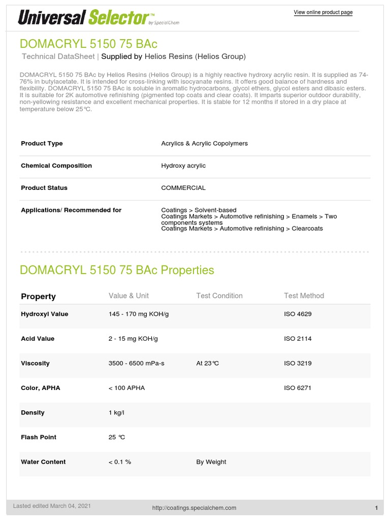 DOMACRYL 5150 75 BAc Helios Resins (Helios Group) PDF Poly(Methyl