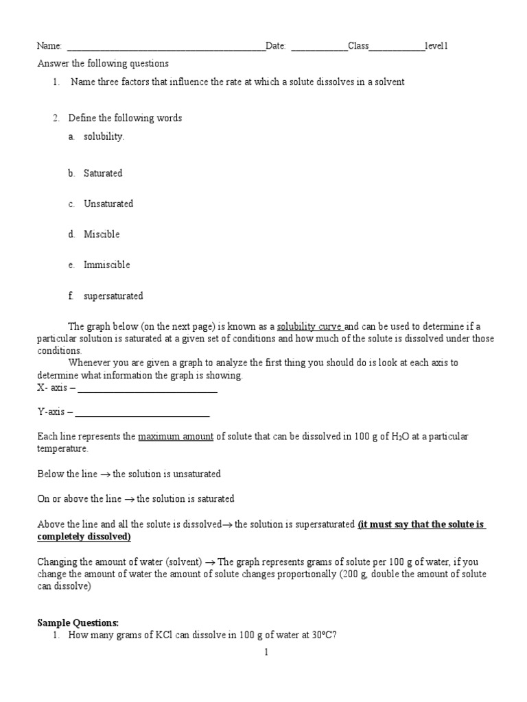 Solubility Worksheet PDF Solution Solubility