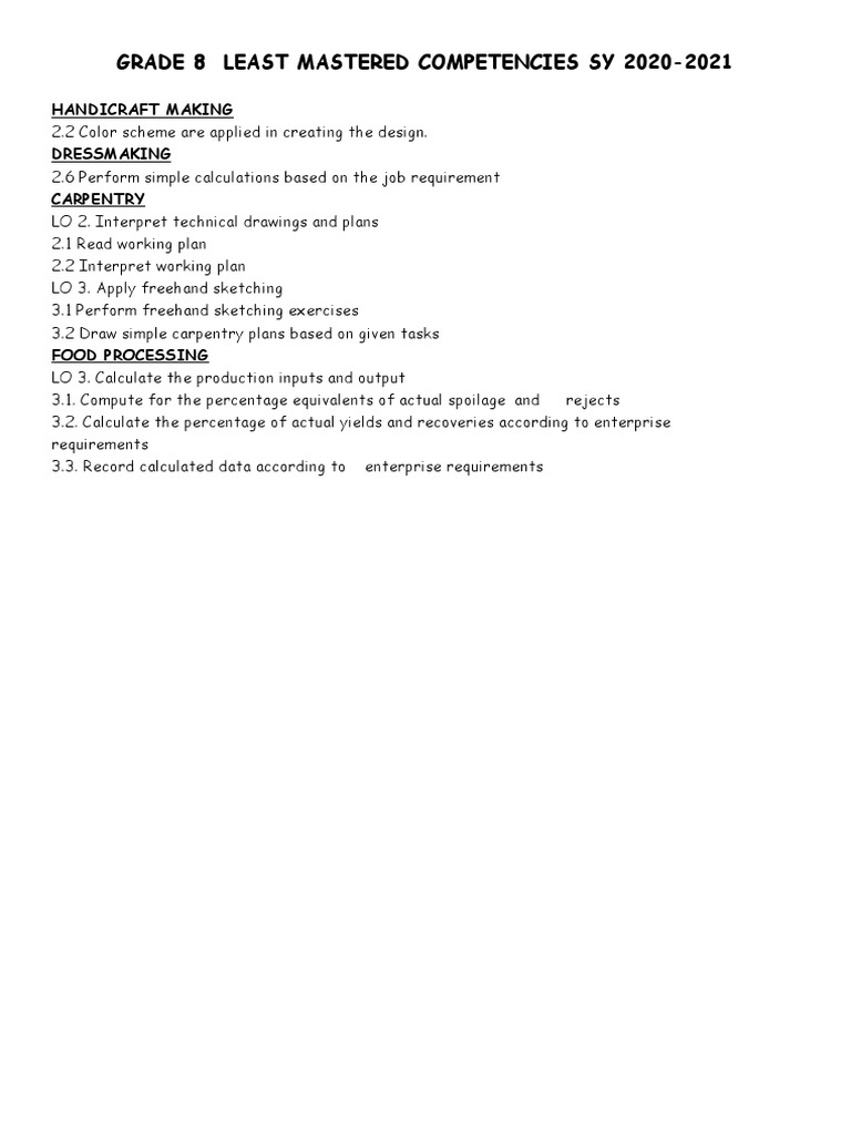 Grade 8 Competencies Overview 2020-2021 | PDF | Occupational Safety And ...