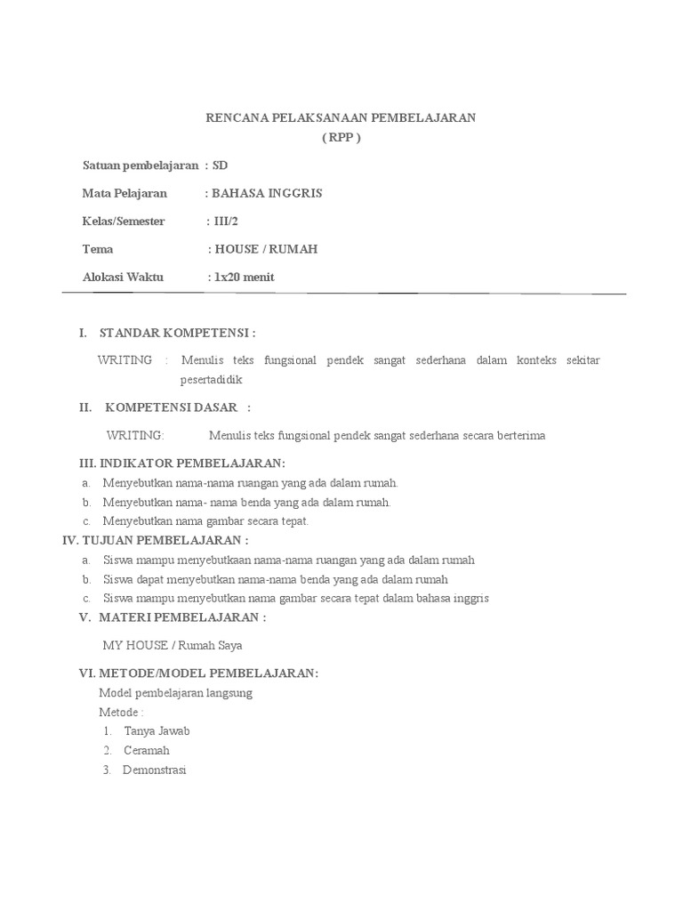 Contoh RPP Bahasa Inggris SD Kelas III | PDF | Kajian Bahasa Asing