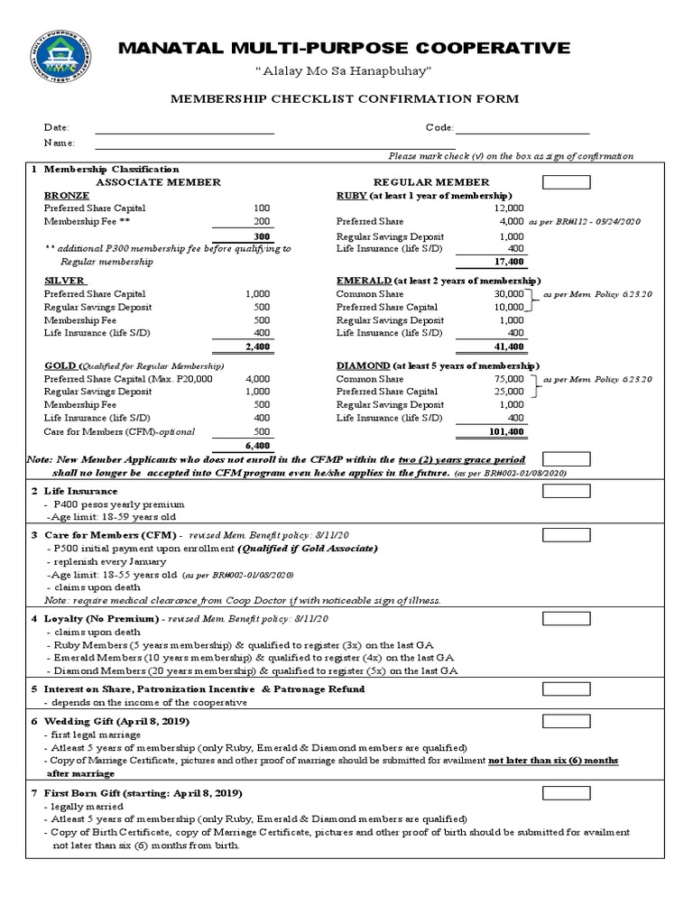 Manatal Multi-Purpose Cooperative: Membership Checklist Confirmation ...