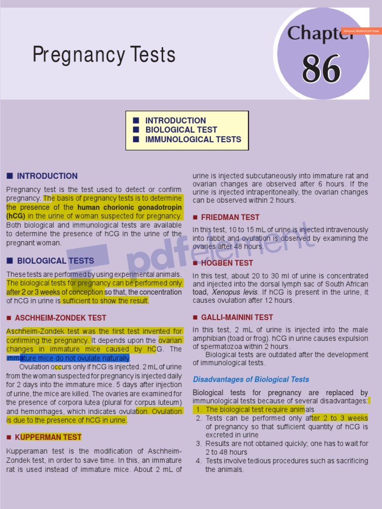 Pregnancy Tests Introduction Biological Test Immunological Tests PDF