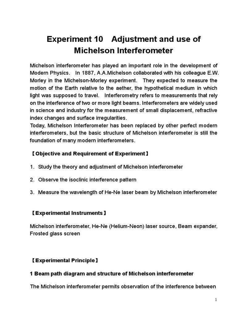 Michelson Interferometer Experiment Guide | PDF | Interferometry | Mirror