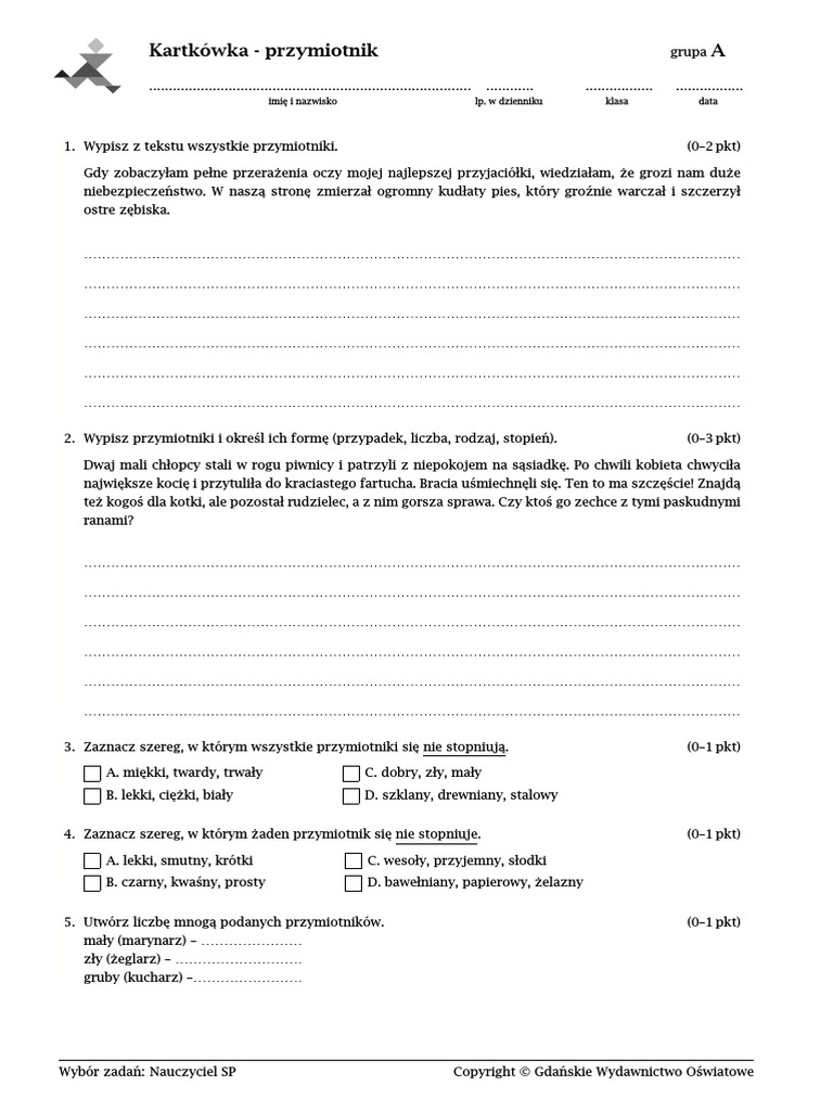 Sprawdzian Z Przymiotnika Klasa 4 Pdf