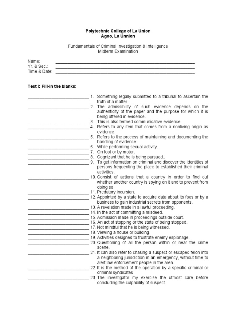 PCLU Agoo Criminal Investigation Exam | PDF | Espionage | Evidence
