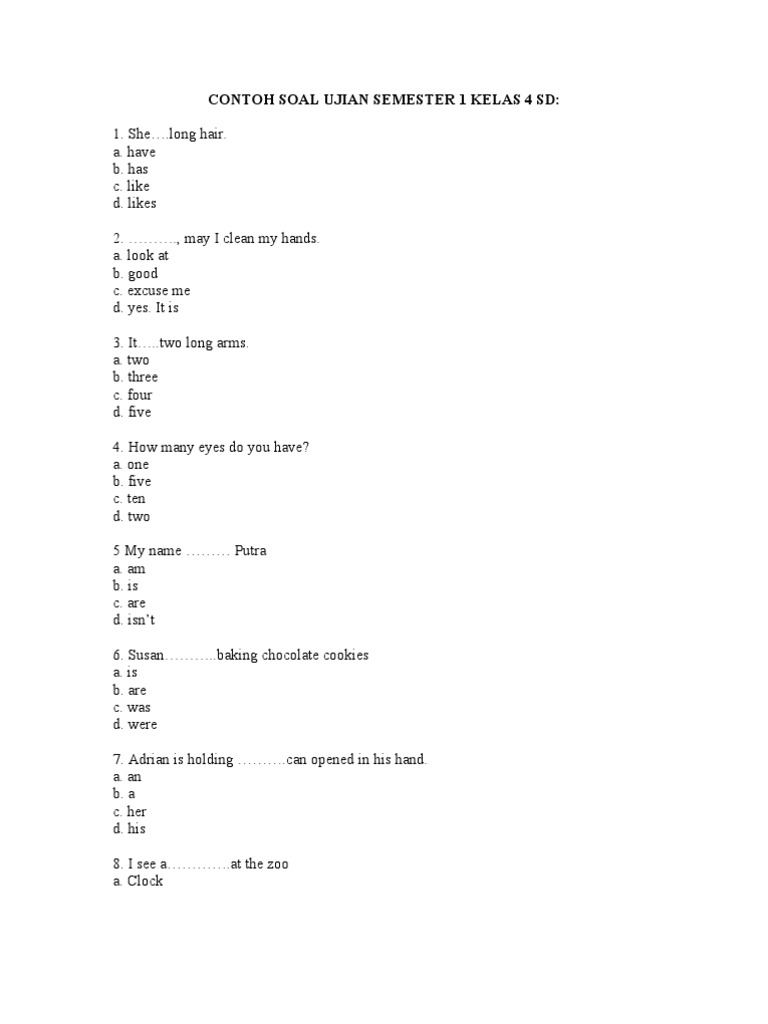 Contoh Soal Ujian Semester 1 Kelas 4 SD