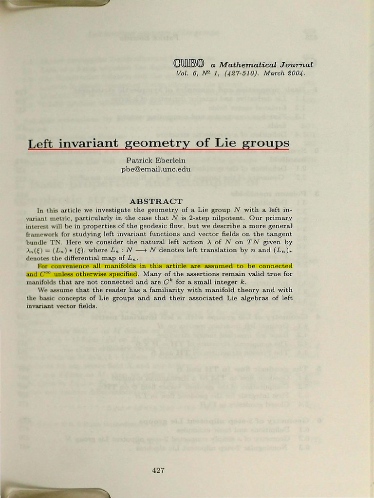 Left Invariant Geometry of Lie Groups PDF Lie Groups Differential